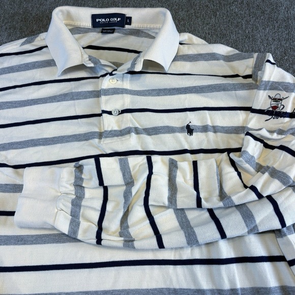 VTG Polo Golf Ralph Lauren Shirt Mens Large White Blue Striped Long Sleeve Logo - Picture 1 of 12